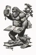 Bigfoot holding a book with a school building in the background tattoo design idea
