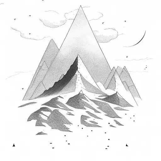 Against the backdrop of a moonlit sky, a mountain peak rises majestically, casting a long shadow over the landscape belo tattoo design idea