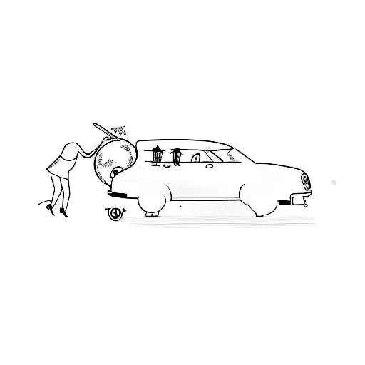 a girl opening the door of a car and puting a moon in the trunk tattoo design idea