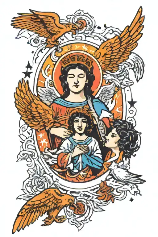 god with angels and animals around it tattoo design idea