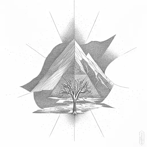 oak tree creek sun rise maountains triangle tattoo design idea