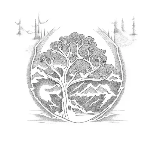 oak tree creek sun rise maountains tattoo design idea