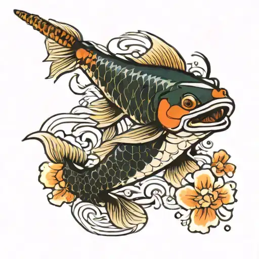 koi fish swiming around zoro swords crossing tattoo design idea
