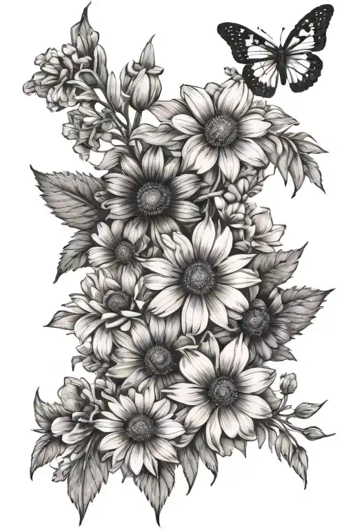 daisy, hawthorn, larkspur, and poppy flowers bouquet tattoo design idea