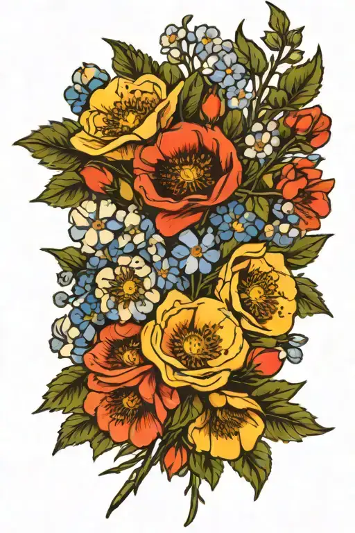 Dasiy, Hawthorn, Larkspur, Poppy flower bouquet tattoo tattoo design idea