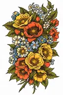 Dasiy, Hawthorn, Larkspur, Poppy flower bouquet tattoo tattoo design idea
