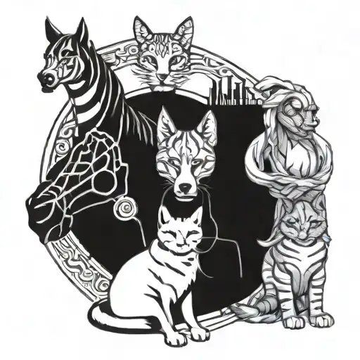 Horse, cat and dog sitting tattoo design idea