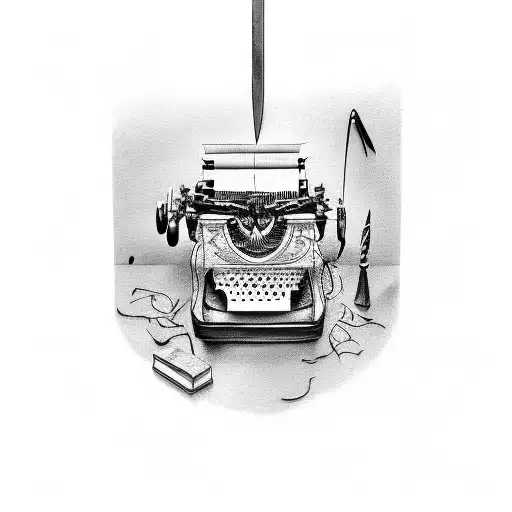 vintage mirror, book,letter, typewriter and sword tattoo design idea