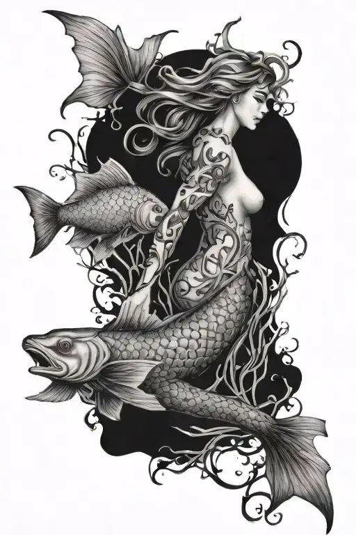 Desiğn me a tattoo for on my back with a mermaid down the middle of the spine and 2 fish swimming around -one across the tattoo design idea