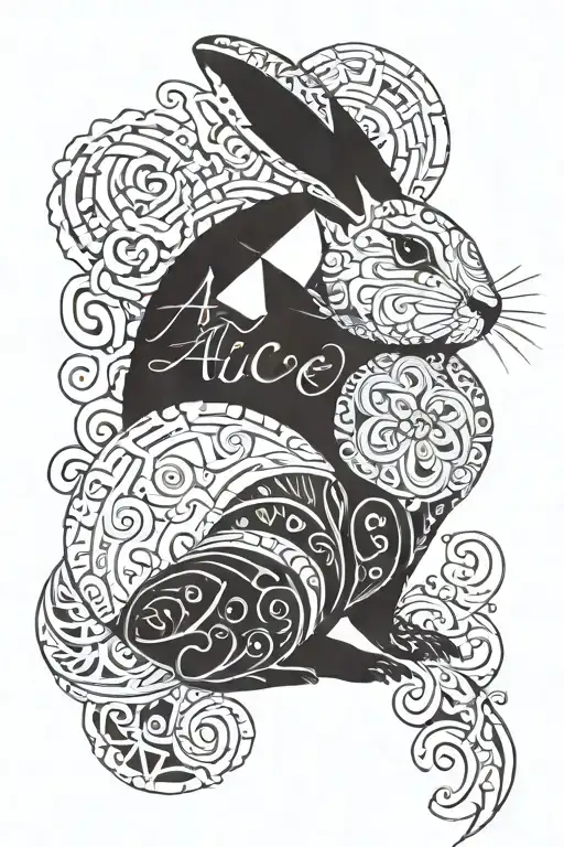 the shape of a rabbit made with the quote “Alice: How long is forever? White Rabbit: Sometimes, just one second.” tattoo design idea