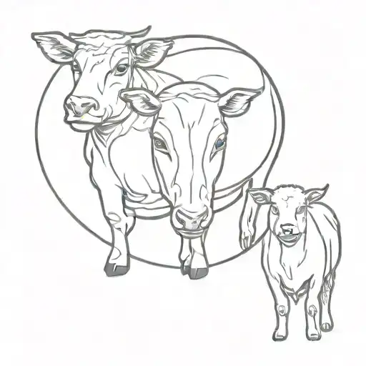 Line tattoo with a Hereford cow, merino sheep, goat and kelpie dog standing in a row heads facing front tattoo design idea