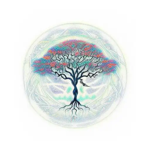 A mystical tree of life with intricate root patterns and a woman silhouette within the branches, surrounded by a circle symbolizing unity and connectedness. tattoo design idea