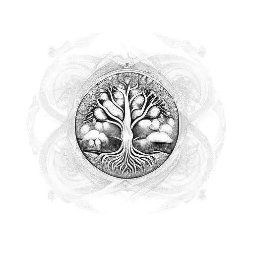A mystical tree of life with intricate root patterns and a woman silhouette within the branches, surrounded by a circle symbolizing unity and connectedness. tattoo design idea
