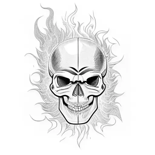 A skull wearing a motorcycle helmet surrounded by flames tattoo design idea