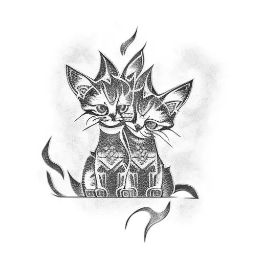 two smallcats with blue flames in background tattoo design idea