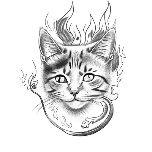 cat with flame tail tattoo design idea