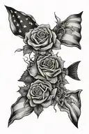 rip father, fish, rose, america flag mixed tattoo design idea
