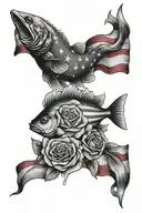 rip father, fish, rose, america flag mixed tattoo design idea