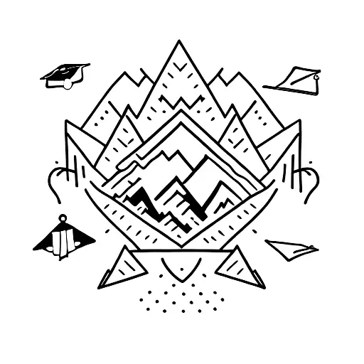 A minimalist tattoo of a mountain range with a graduation cap on top, symbolizing your love for education and your favorite thing, mountains. tattoo design idea