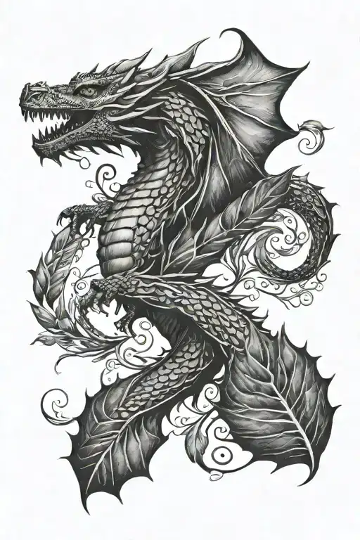 Minimalist Arm tattoo of a dragon wrapping around arm with leaves and a metaphor incorporating Jesus tattoo design idea