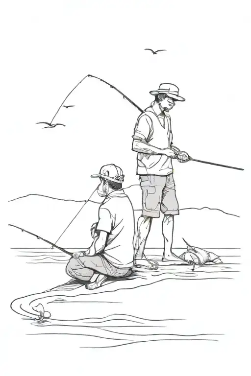 Father and son fishing by the beach tattoo design idea