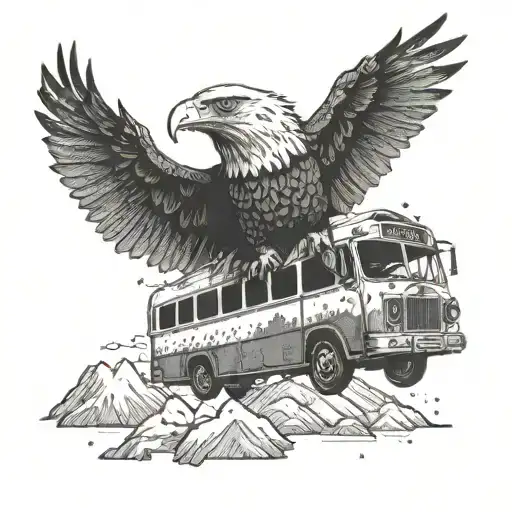 an eagle flying over a bus in the mountains tattoo design idea