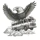 an eagle flying over a bus in the mountains tattoo design idea