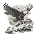 an eagle flying over a bus in the mountains tattoo design idea