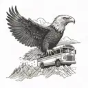 an eagle flying over a bus in the mountains tattoo design idea