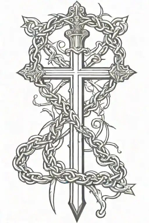  Christian cross as a sword with a crown of thorns tattoo design idea
