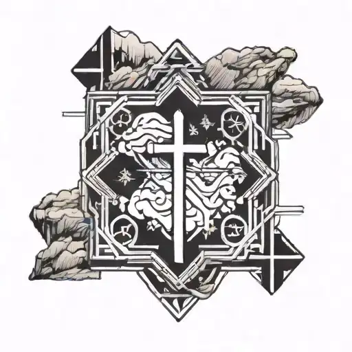 A geometric design incorporating symbols of faith such as a cross, set against a backdrop of majestic mountains tattoo design idea