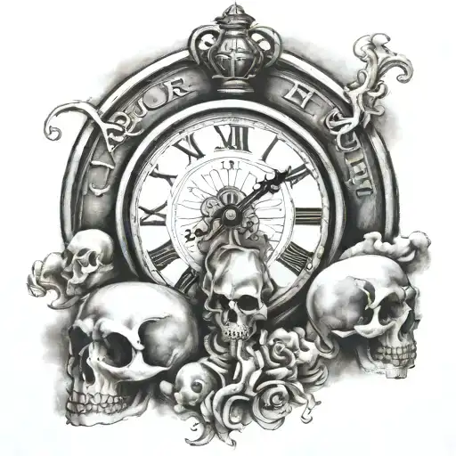 right chest tattoo that includes a Roman clock face, the quote "idol time is the devils time", a skull, and clouds above tattoo design idea