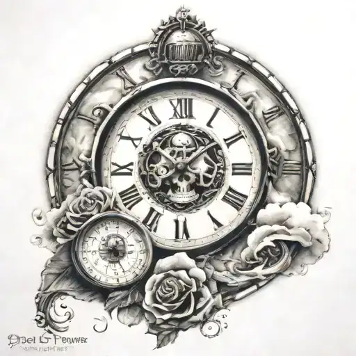 right chest tattoo that includes a Roman clock face, the quote "idol time is the devils time", a skull, and clouds  tattoo design idea