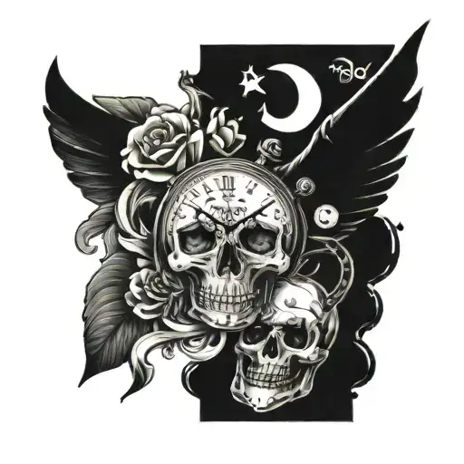right chest piece that includes a clock, the quote "idol time is the devils time", and a skull tattoo design idea