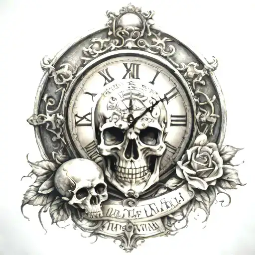right chest tattoo that includes a Roman clock face, the quote "idol time is the devils time" and a skull  tattoo design idea