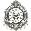 right chest tattoo that includes a Roman clock face, the quote "idol time is the devils time" and a skull  tattoo design idea