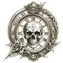 right chest tattoo that includes a Roman clock face, the quote "idol time is the devils time" and a skull  tattoo design idea