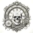 right chest tattoo that includes a Roman clock face, the quote "idol time is the devils time" and a skull  tattoo design idea