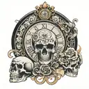 right chest tattoo that includes a Roman clock face, the quote "idol time is the devils time" and a skull  tattoo design idea