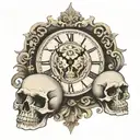right chest tattoo that includes a Roman clock face, the quote "idol time is the devils time" and a skull  tattoo design idea