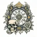 right chest tattoo that includes a Roman clock face, the quote "idol time is the devils time" and a skull  tattoo design idea
