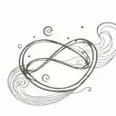 infinity symbol with a small fish, love heart and a wave in it someone. line can be a fishing line with hook tattoo design idea