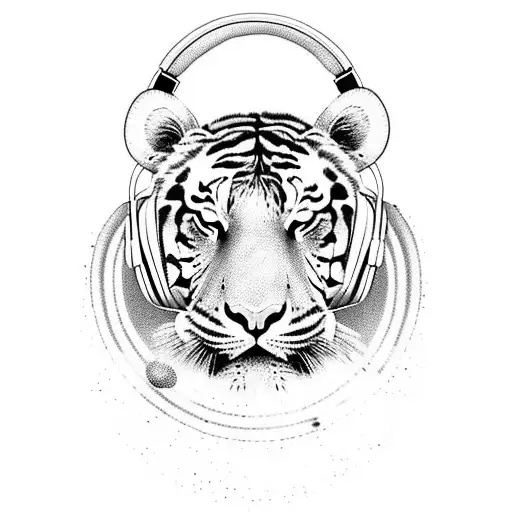 A tiger wearing headphones, immersed in a night sky filled with constellations tattoo design idea
