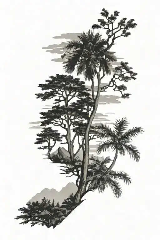 hemlock tree, palm tree, and georgia pine tree growing tattoo design idea