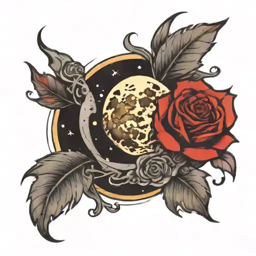 Moon with rose over a desert with a bright single dust  tattoo design idea
