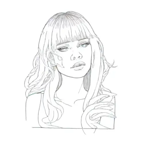 a woman with bangs, Medusa, little snakes hairs, Glowy eyes, sharp lines tattoo design idea