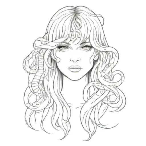 a woman with bangs, Medusa, little snakes hairs, Glowy eyes, sharp lines tattoo design idea