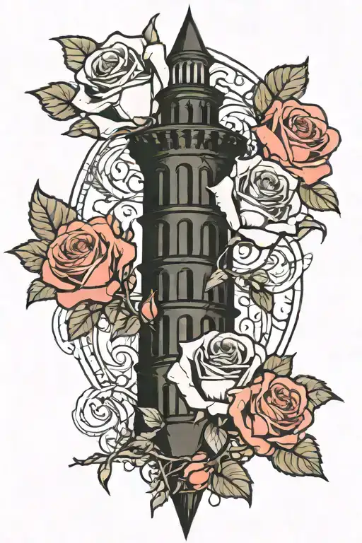 roses and dark tower tattoo design idea
