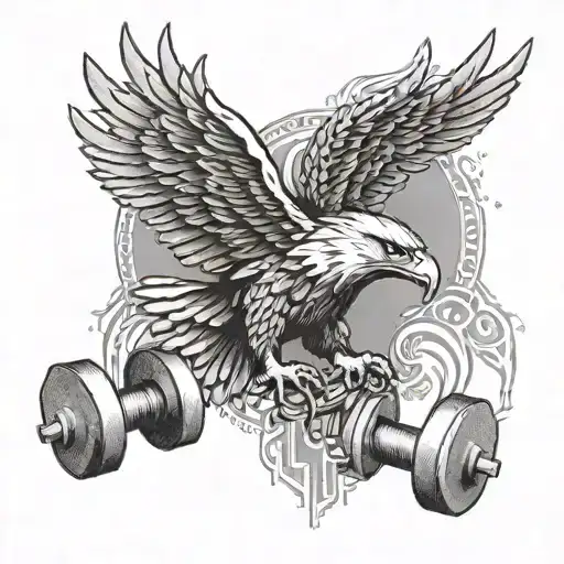 An intricate design of an eagle's wings morphing into dumbbells, representing power and determination tattoo design idea