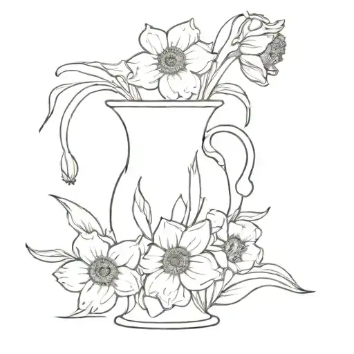 Vase with a daffodil, marigold, poppy, rose and a sweetpea tattoo design idea